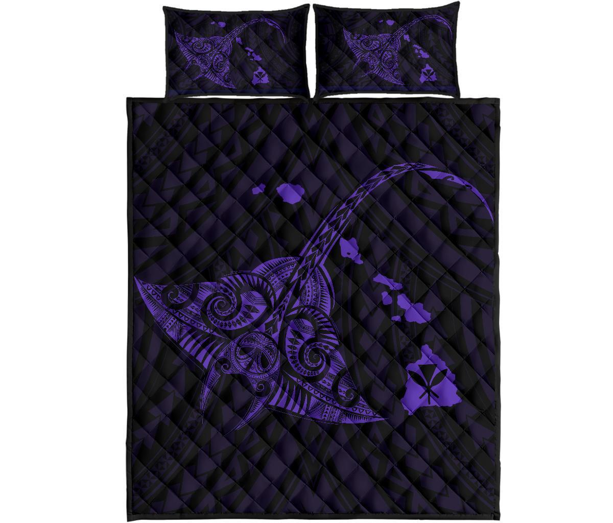 Hawaii Manta Ray Map Polynesian Purple Quilt Bed Set