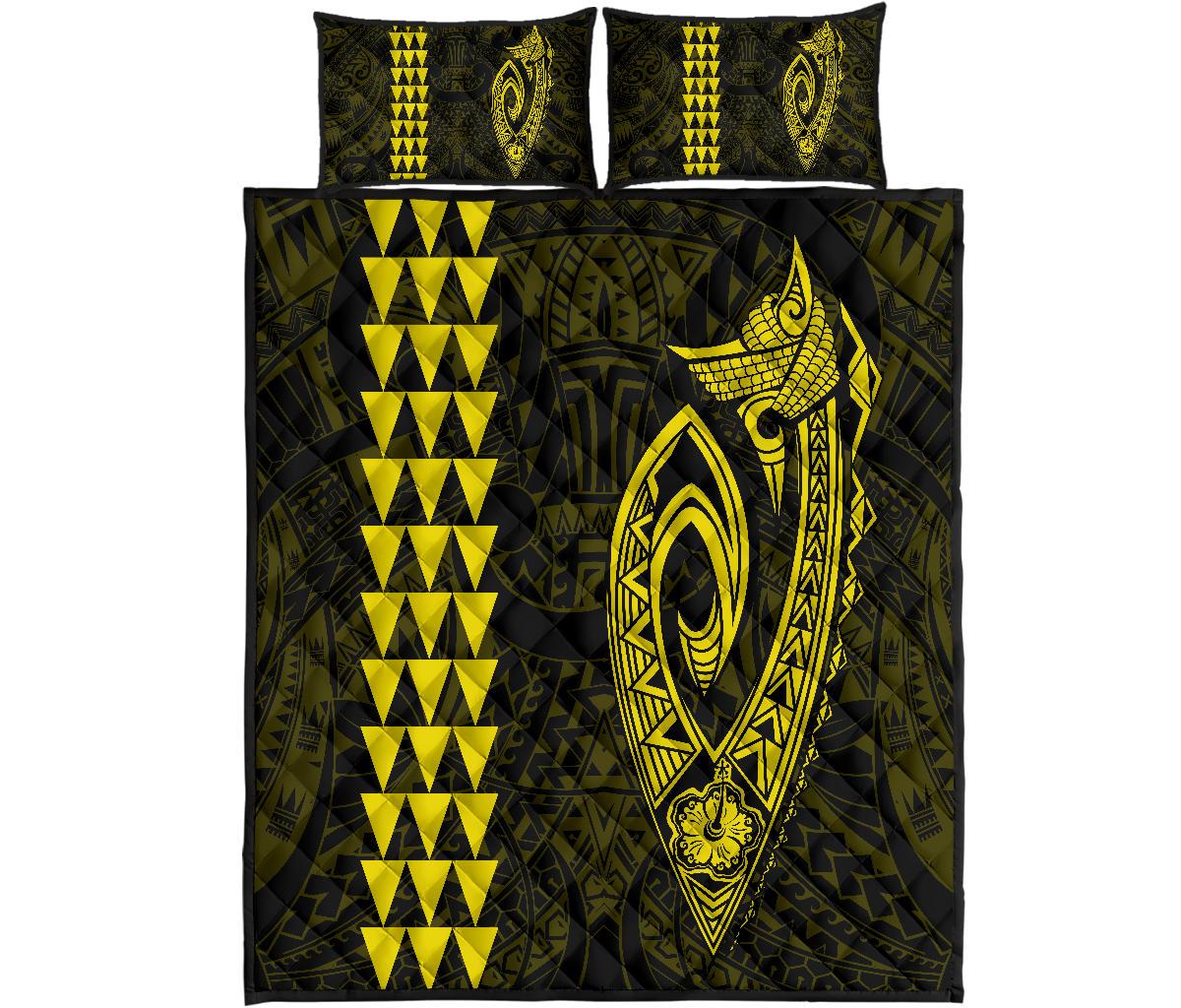 Hawaii Kakau Makau Fish Hook Polynesian Quilt Bed Set Yellow