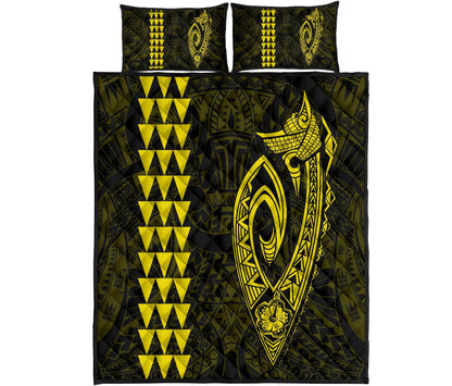 Hawaii Kakau Makau Fish Hook Polynesian Quilt Bed Set Yellow
