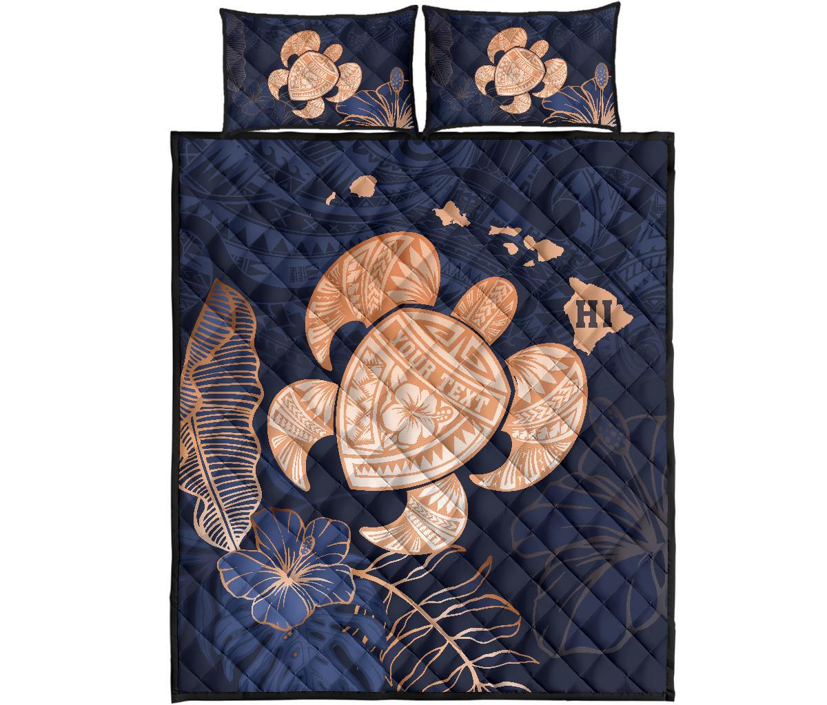 Personalized Hawaii Polynesian Turtle Map Hibiscus Tropical Quilt Bed Set Indigo