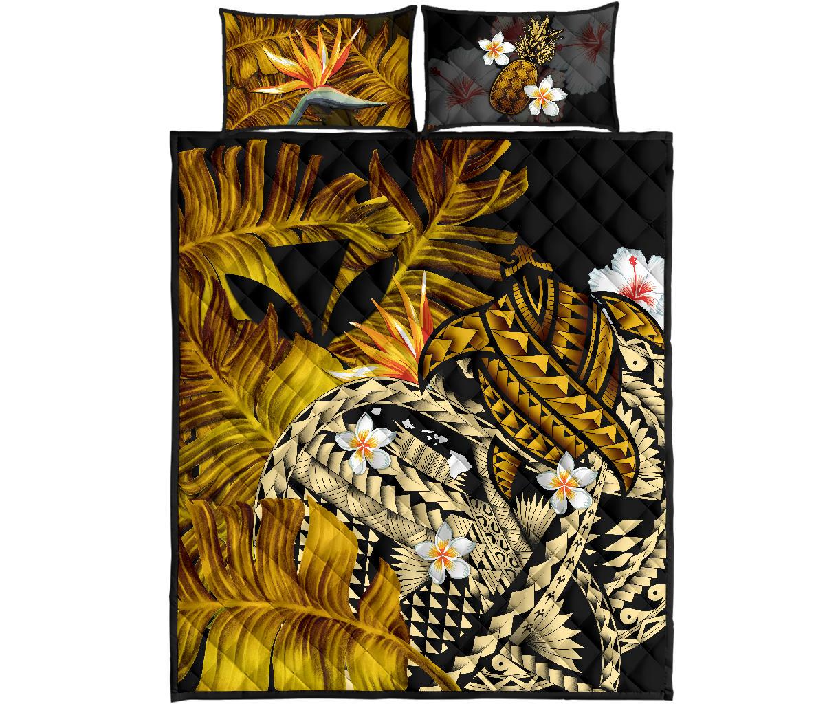 Kanaka Maoli (Hawaiian) Quilt Bed Set, Polynesian Pineapple Banana Leaves Turtle Tattoo Yellow
