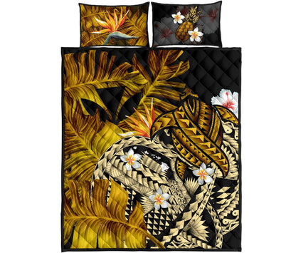 Kanaka Maoli (Hawaiian) Quilt Bed Set, Polynesian Pineapple Banana Leaves Turtle Tattoo Yellow