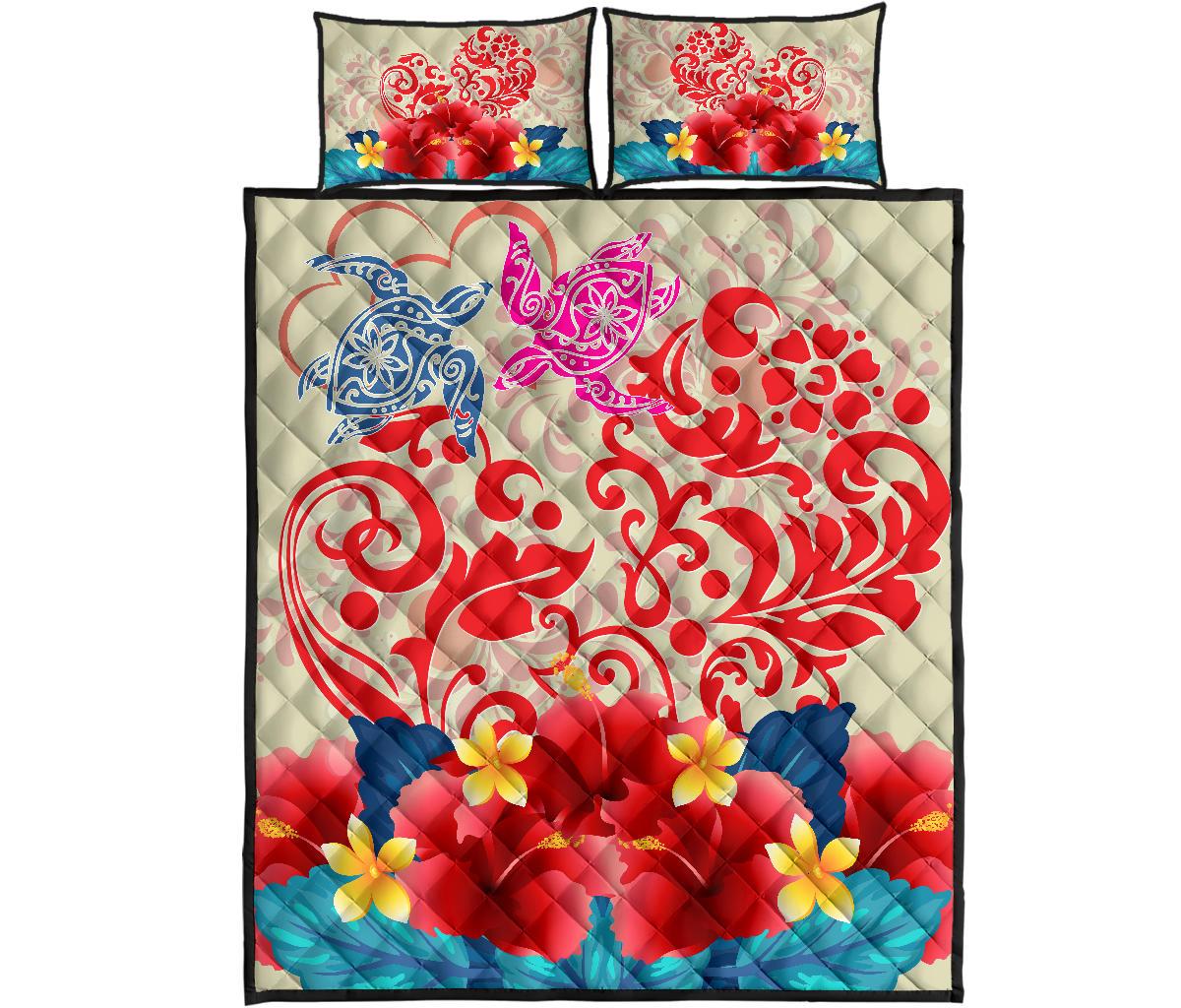 Hawaii Turtle Couple Hibiscus Valentine Pattern Quilt Bed Set Romance Style AH