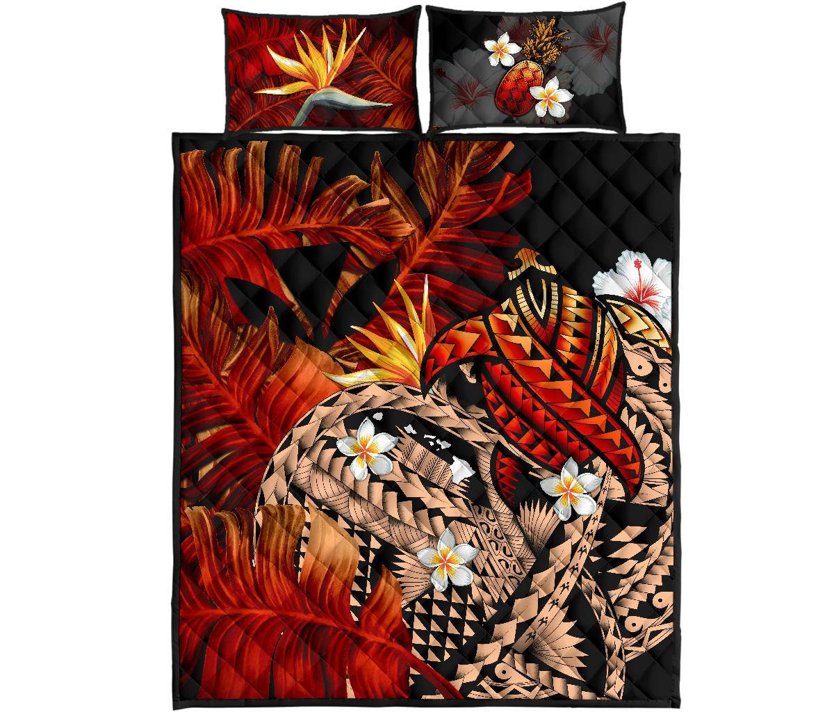 Kanaka Maoli (Hawaiian) Quilt Bed Set, Polynesian Pineapple Banana Leaves Turtle Tattoo Red