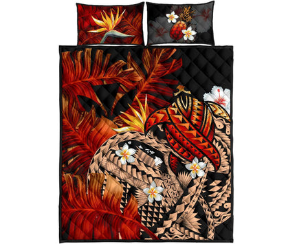 Kanaka Maoli (Hawaiian) Quilt Bed Set, Polynesian Pineapple Banana Leaves Turtle Tattoo Red