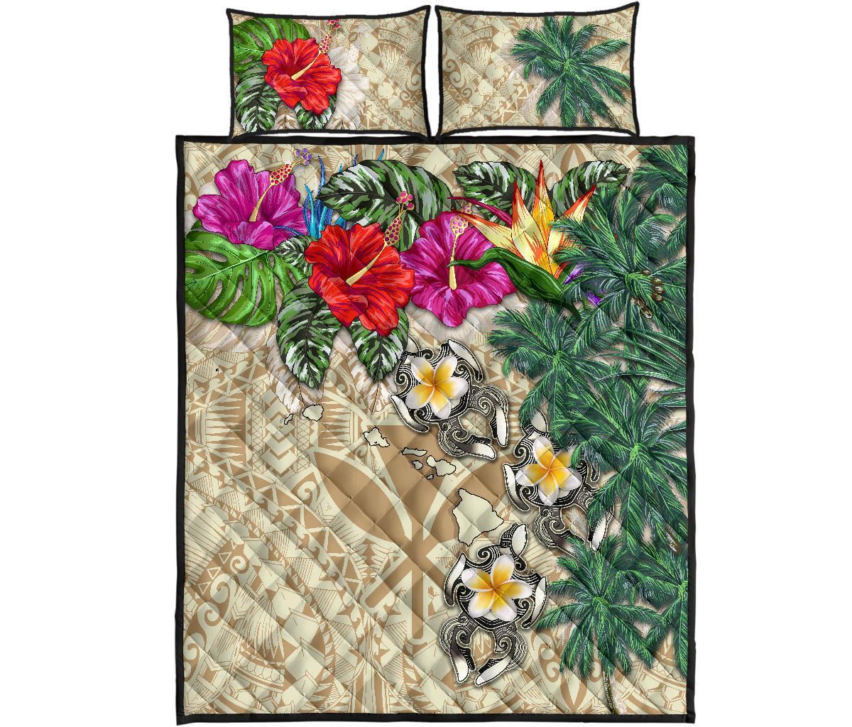 Kanaka Maoli (Hawaiian) Polynesian Quilt Bed Set Hibiscus Turtle Tattoo Beige