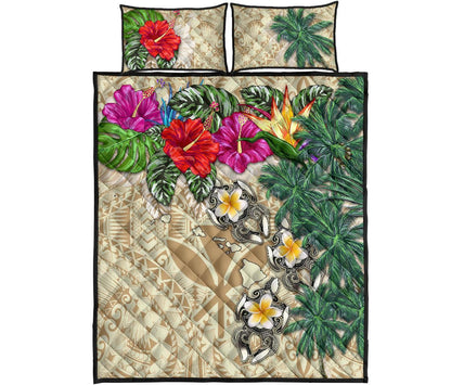 Kanaka Maoli (Hawaiian) Polynesian Quilt Bed Set Hibiscus Turtle Tattoo Beige
