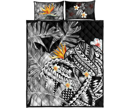 Kanaka Maoli (Hawaiian) Quilt Bed Set, Polynesian Pineapple Banana Leaves Turtle Tattoo Gray