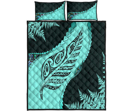 Paua Shell Maori Silver Fern Quilt Bed Set, Turquoise