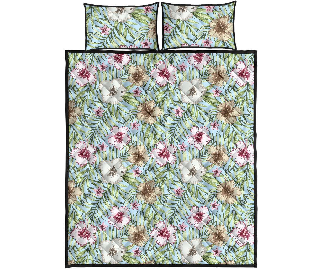 Tropical Hibiscus Palm Leaves Quilt Bed Set
