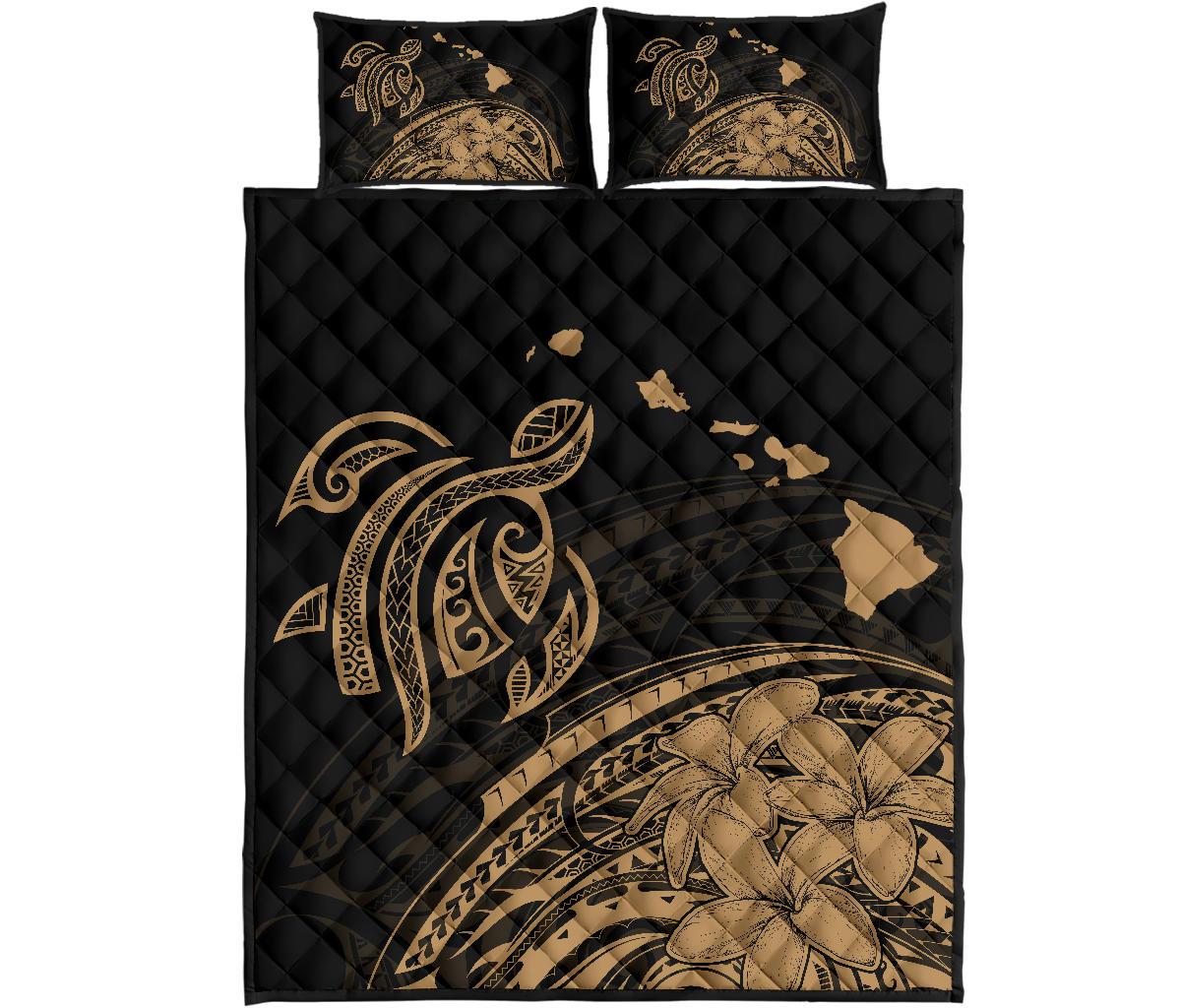 Hawaii Quilt Bed Set Turtle Polynesian Map Plumeria Gold