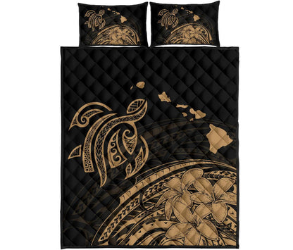 Hawaii Quilt Bed Set Turtle Polynesian Map Plumeria Gold