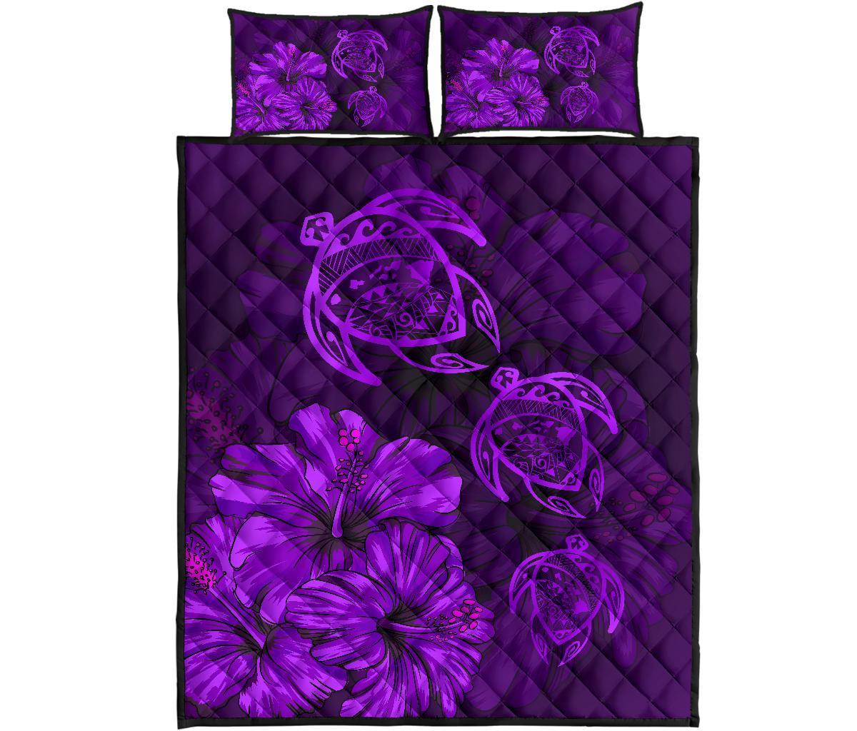 Hawaiian Map Turtle Hibiscus Vintage Polynesian Quilt Bedding Set Purple