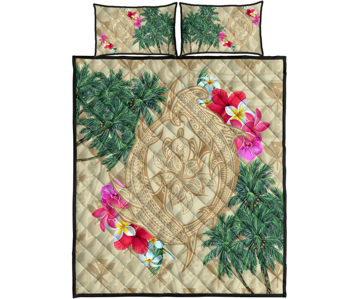Hawaii Kanaka Maoli Palm Trees Turtle And Sharks Quilt Bed Set