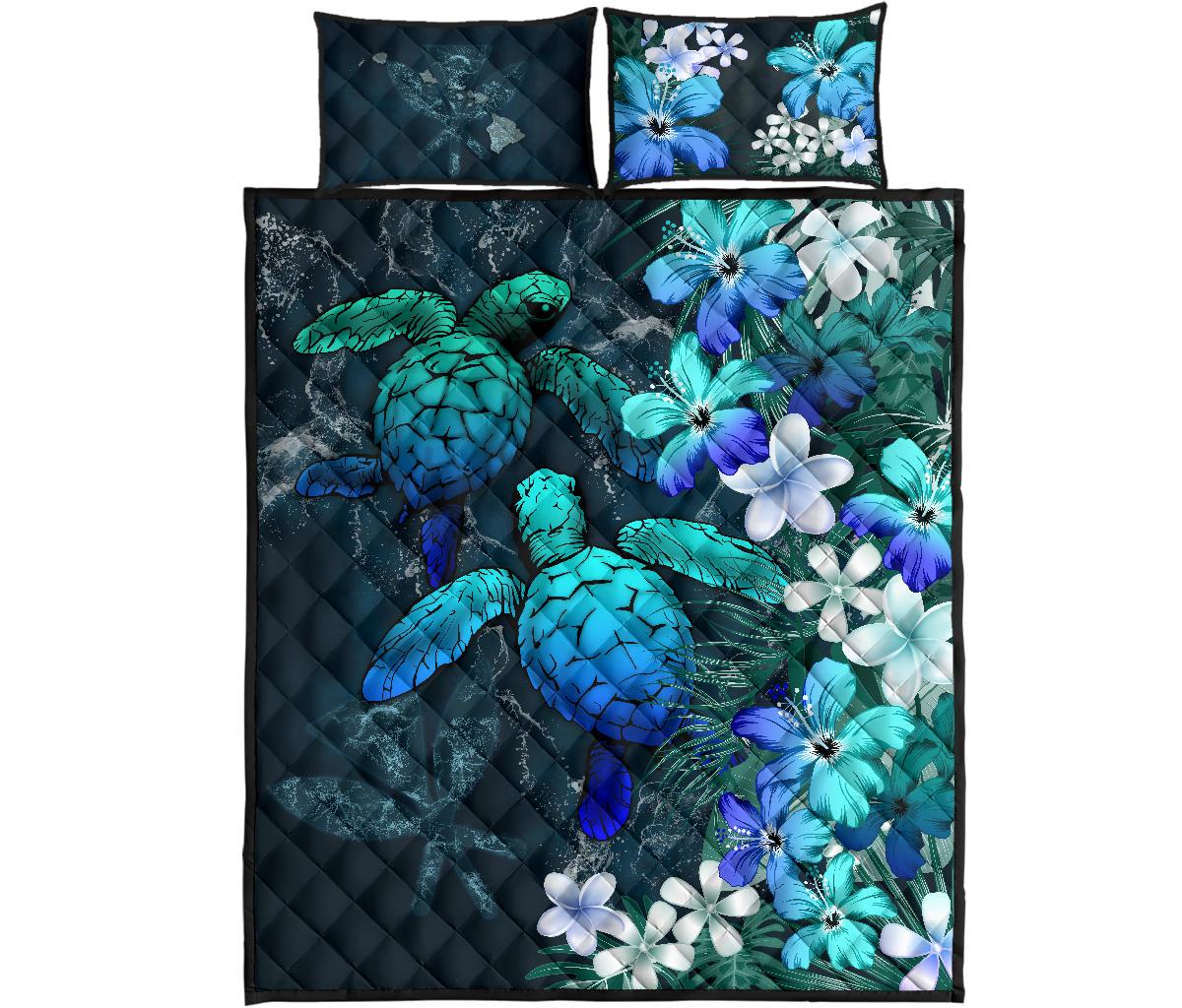 Kanaka Maoli (Hawaiian) Quilt Bed Set Sea Turtle Tropical Hibiscus And Plumeria Blue