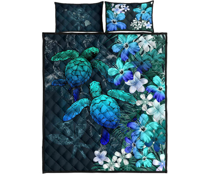 Kanaka Maoli (Hawaiian) Quilt Bed Set Sea Turtle Tropical Hibiscus And Plumeria Blue