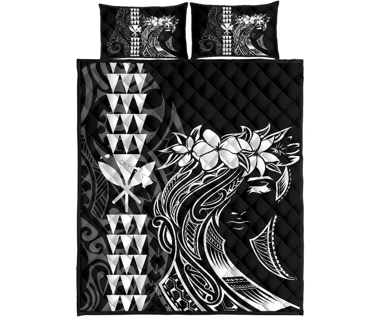 Hawaii Map Kanaka Polynesian Hula Girl Quilt Bed Set White