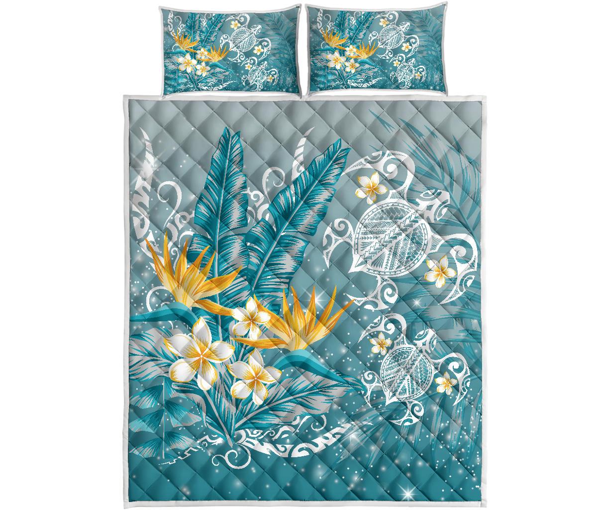 Hawaii Polynesian Turtles Plumeria Tropical Quilt Bed Set Winter Style AH