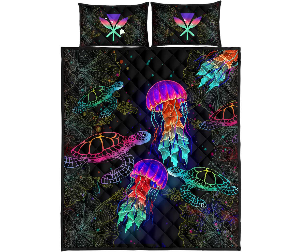 Kanaka Maoli (Hawaiian) Quilt Bed Set Turtle And Jellyfish Colorful