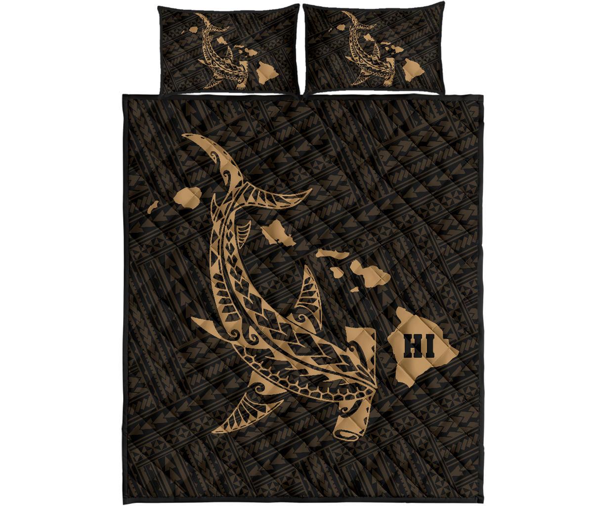 Hawaiian Map Hamerhead Shark Polynesian Quilt Bedding Set Gold