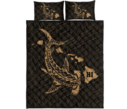 Hawaiian Map Hamerhead Shark Polynesian Quilt Bedding Set Gold