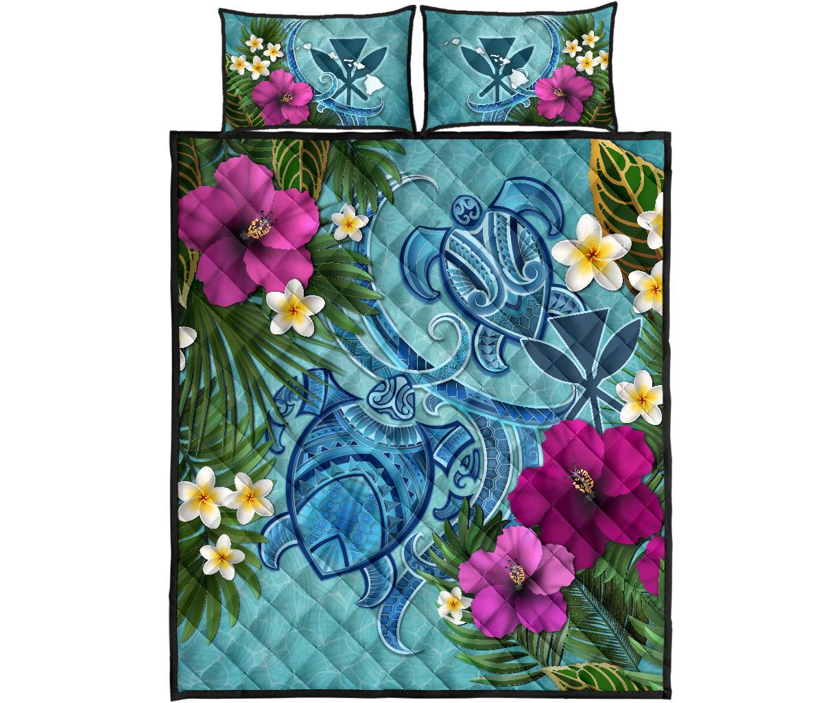 Kanaka Maoli (Hawaiian) Quilt Bed Set Polynesian Turtle Hibiscus And Plumeria