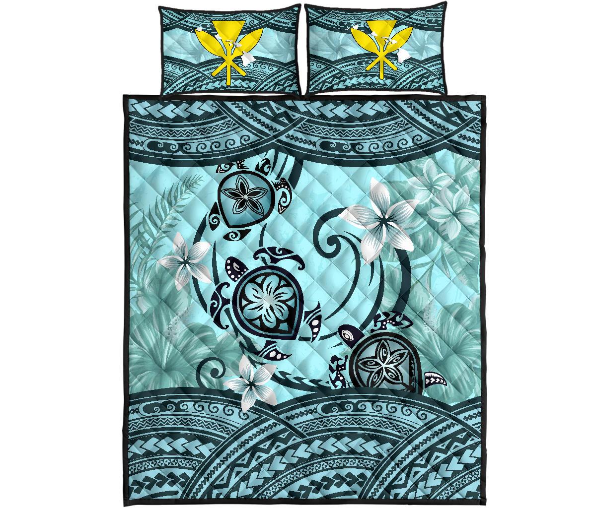 Kanaka Maoli (Hawaiian) Quilt Bed Set Polynesian Turtle Plumeria Blue