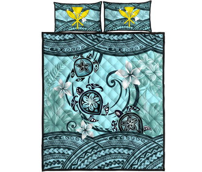 Kanaka Maoli (Hawaiian) Quilt Bed Set Polynesian Turtle Plumeria Blue