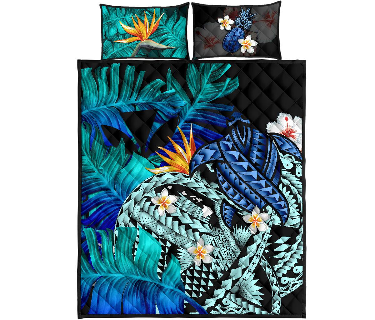 Kanaka Maoli (Hawaiian) Quilt Bed Set, Polynesian Pineapple Banana Leaves Turtle Tattoo Blue
