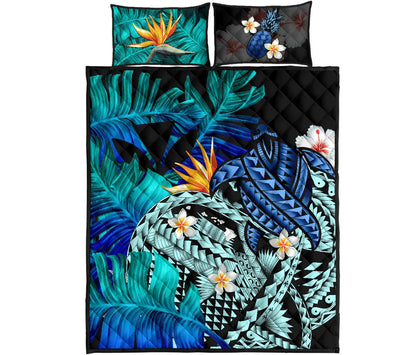 Kanaka Maoli (Hawaiian) Quilt Bed Set, Polynesian Pineapple Banana Leaves Turtle Tattoo Blue