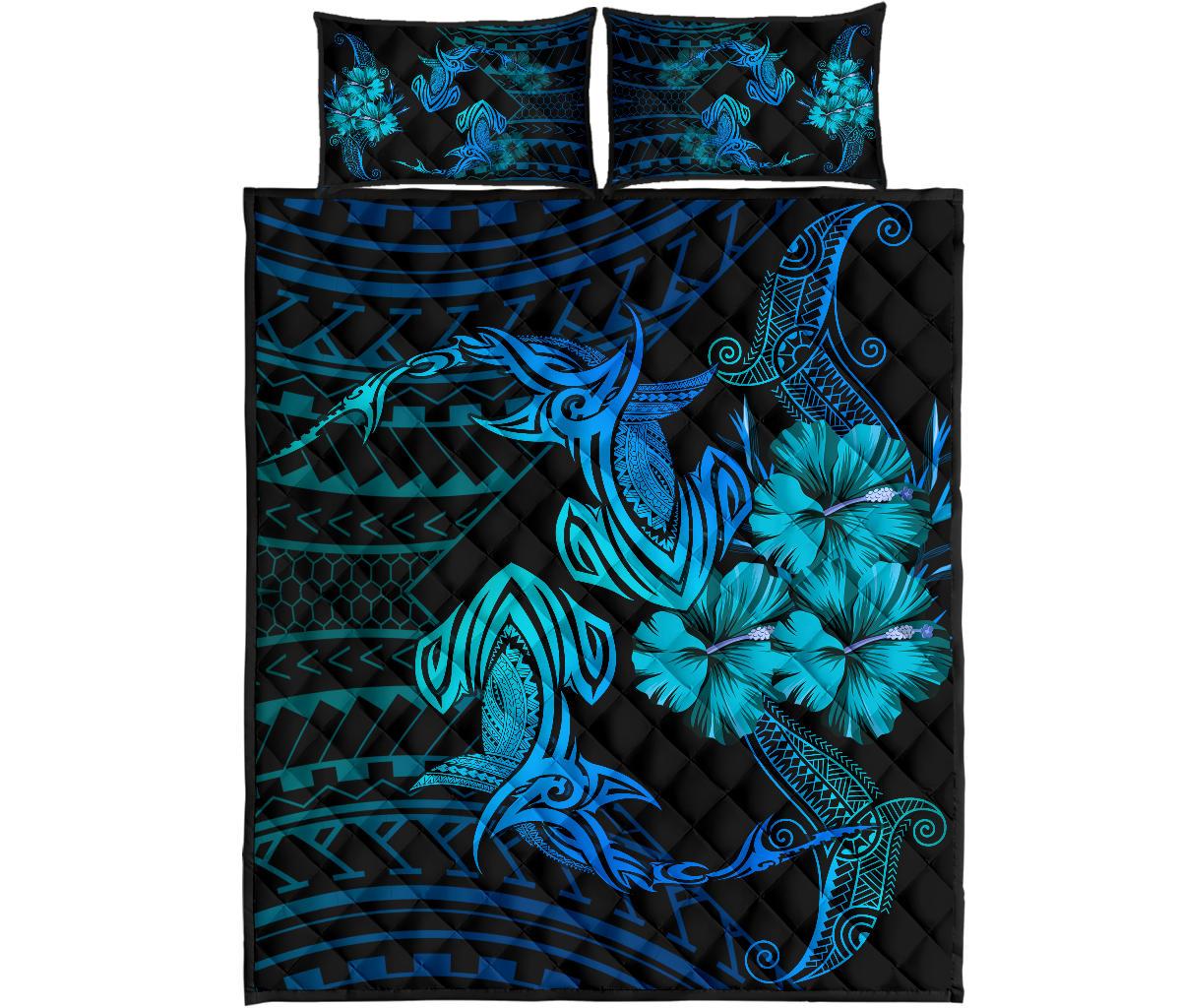 Hawaii Couple Shark Hibiscus Polynesian Quilt Bed Set Blue Mina Style AH
