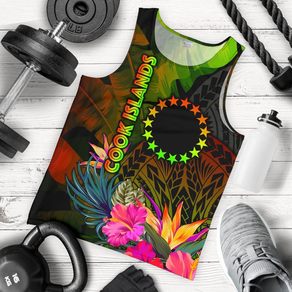 Cook Islands Polynesian Men's Tank Top Hibiscus and Banana Leaves
