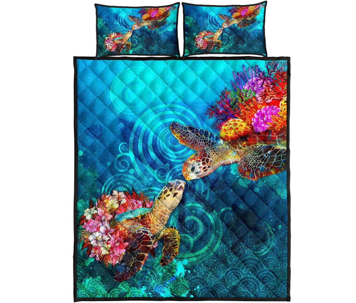 Hawaii Polynesian Quilt Bed Set Sea Turtle Coral Treasure