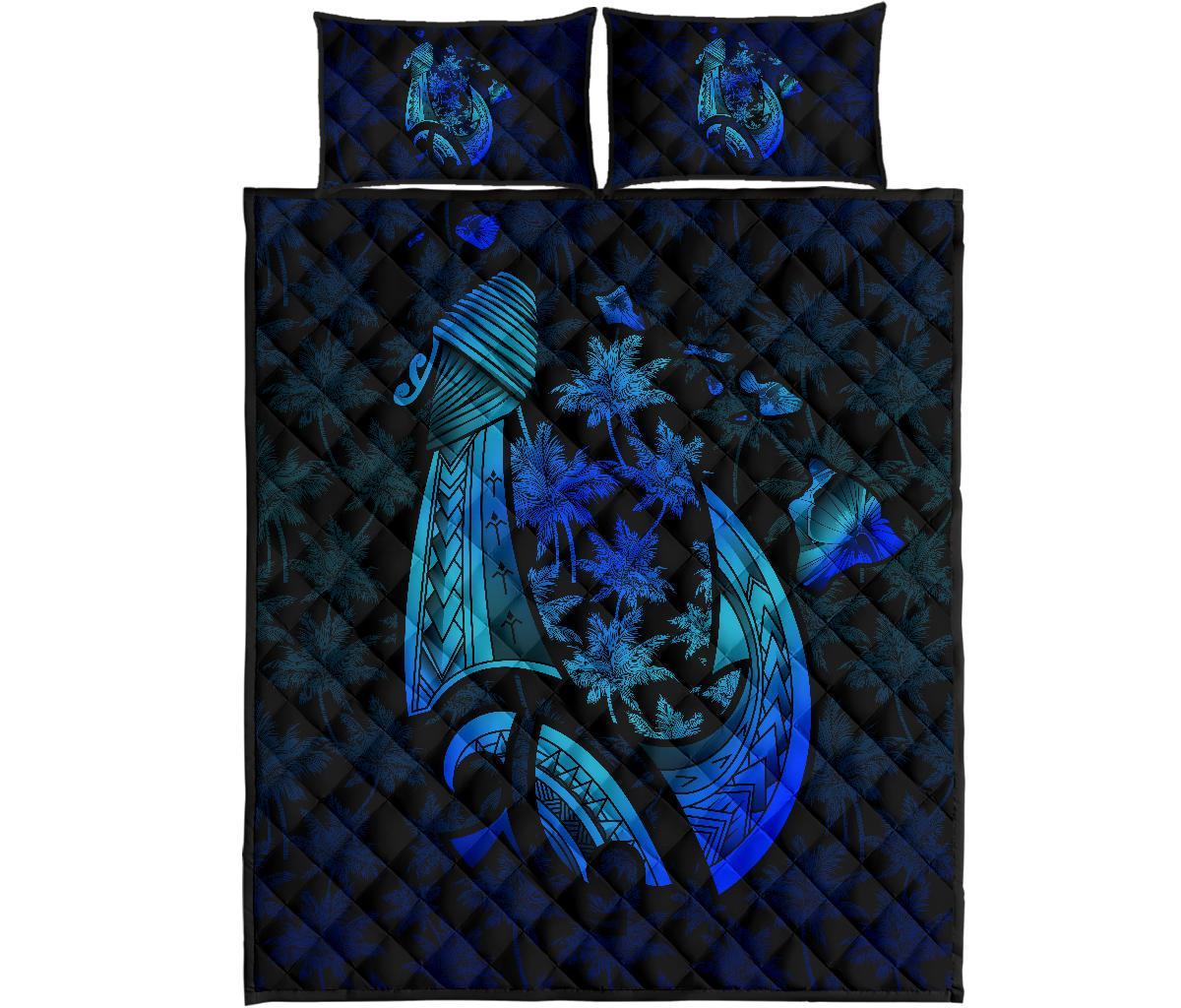 Hawaiian Map Palm Trees Fish Hook Polynesian Quilt Bedding Set Colorful Blue
