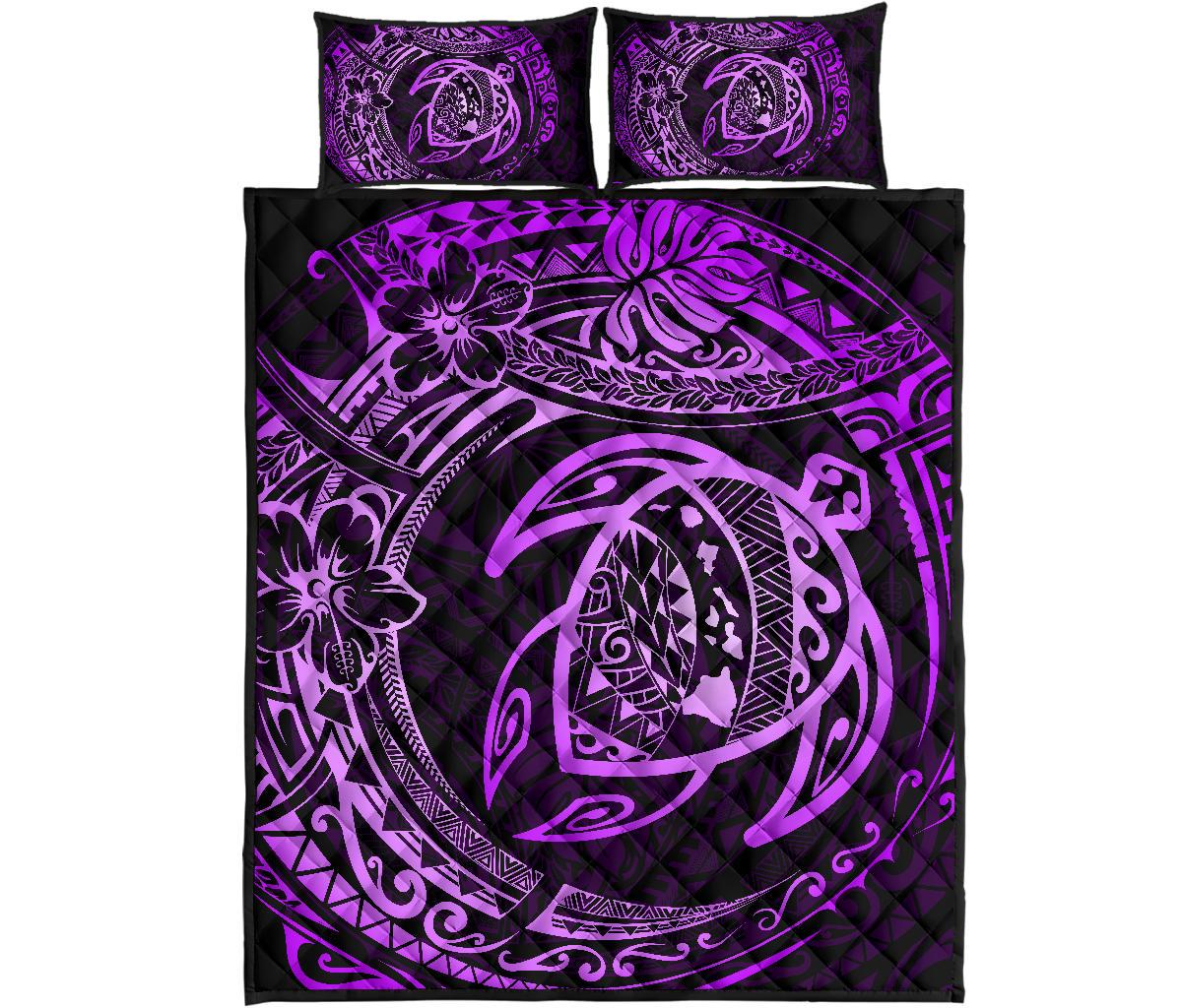 Hawaiian Map Turtle Polynesian Quilt Bedding Set Circle Purple