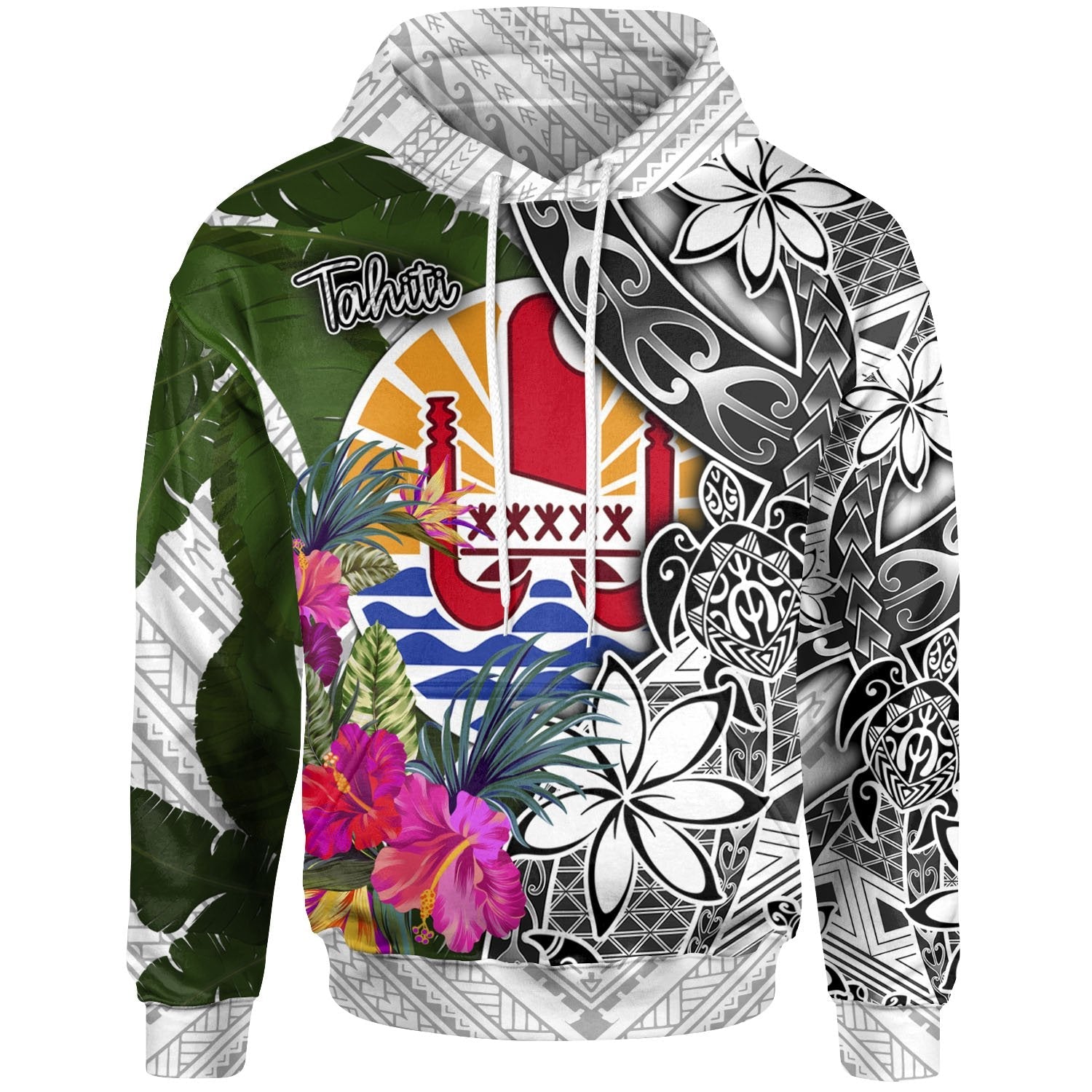 Tahiti Hoodie White Turtle Plumeria Banana Leaf