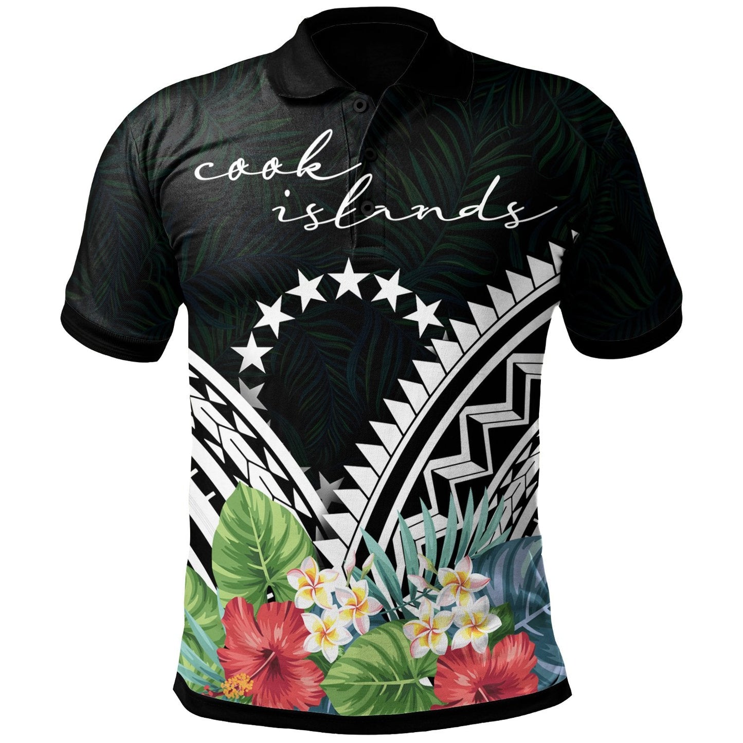Cook Islands Polo Shirt - Cook Islands Coat of Arms & Polynesian Tropical Flowers White