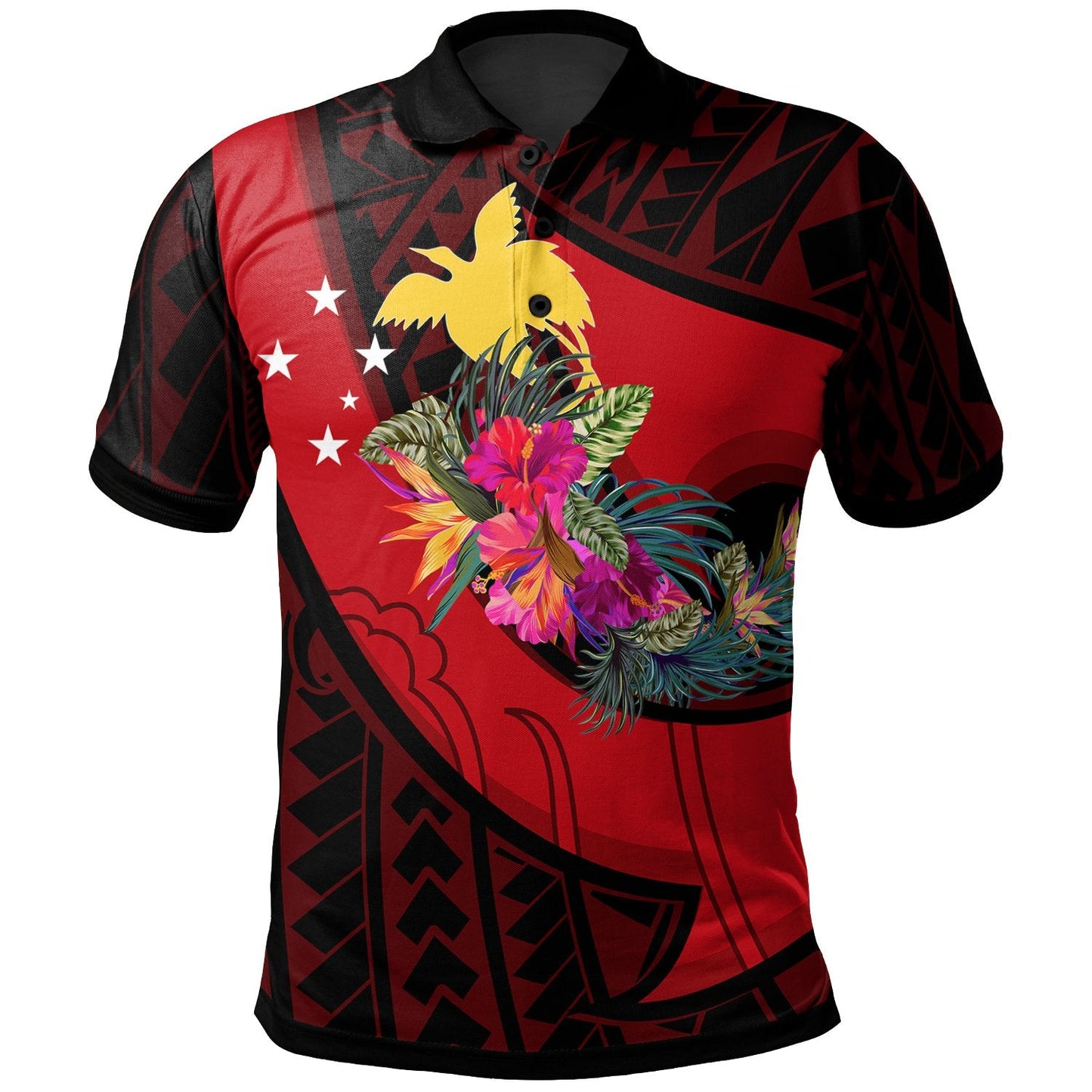 Papua New Guinea Polo Shirt - Polynesian Hook And Hibiscus Red
