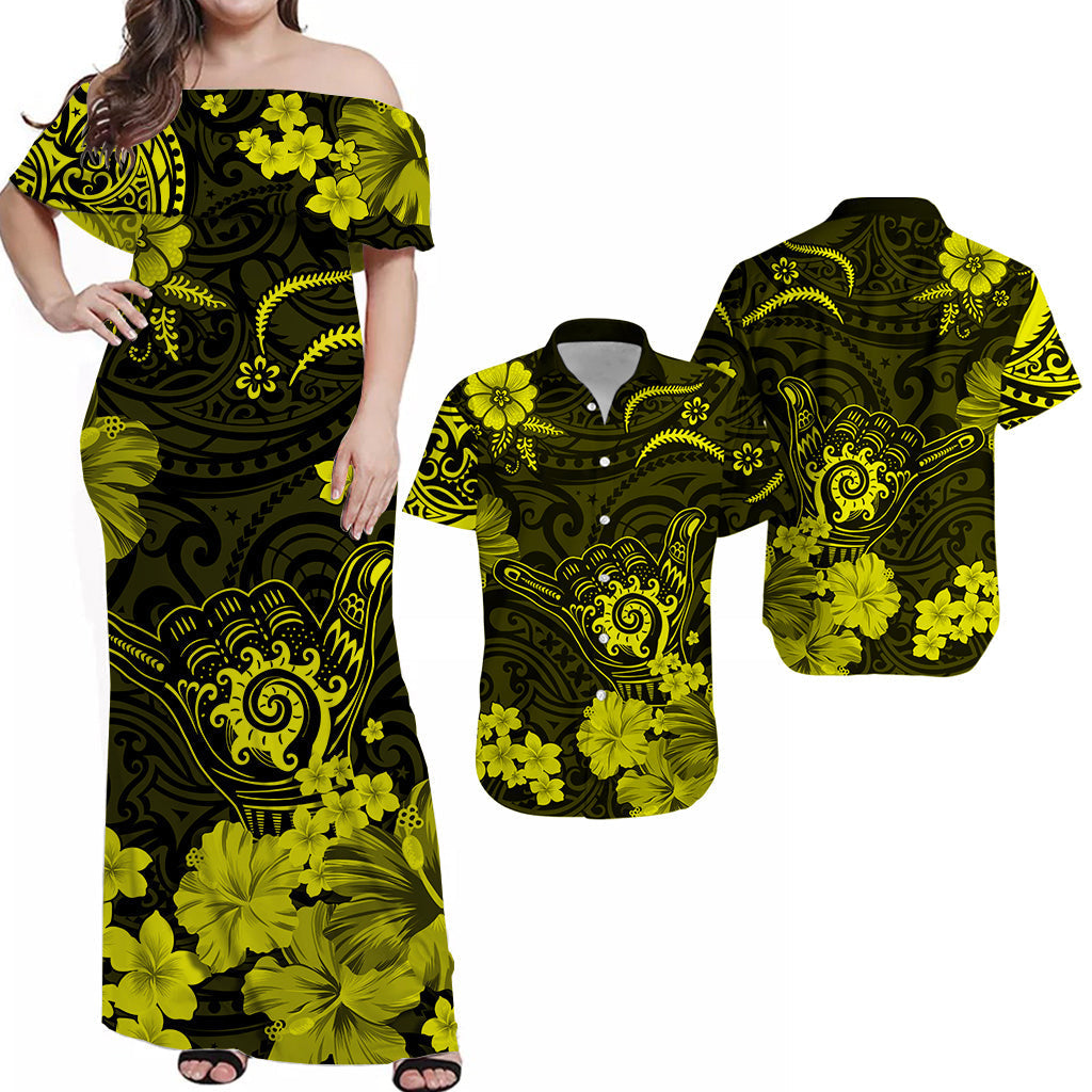 Hawaiian Matching Outfits For Couples Hawaii Combo Dress and Hawaiian Shirt Polynesia Yellow Cool Shaka Sign