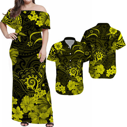 Hawaiian Matching Outfits For Couples Hawaii Combo Dress and Hawaiian Shirt Polynesia Yellow Cool Shaka Sign