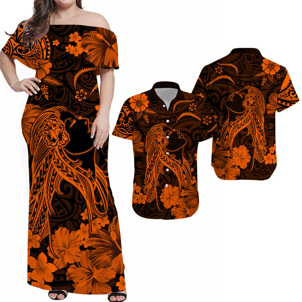 Polynesian Couple Outfits Hawaii Combo Dress and Hawaiian Shirt Polynesia Orange Beautiful Hula Girl