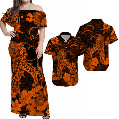 Polynesian Couple Outfits Hawaii Combo Dress and Hawaiian Shirt Polynesia Orange Beautiful Hula Girl