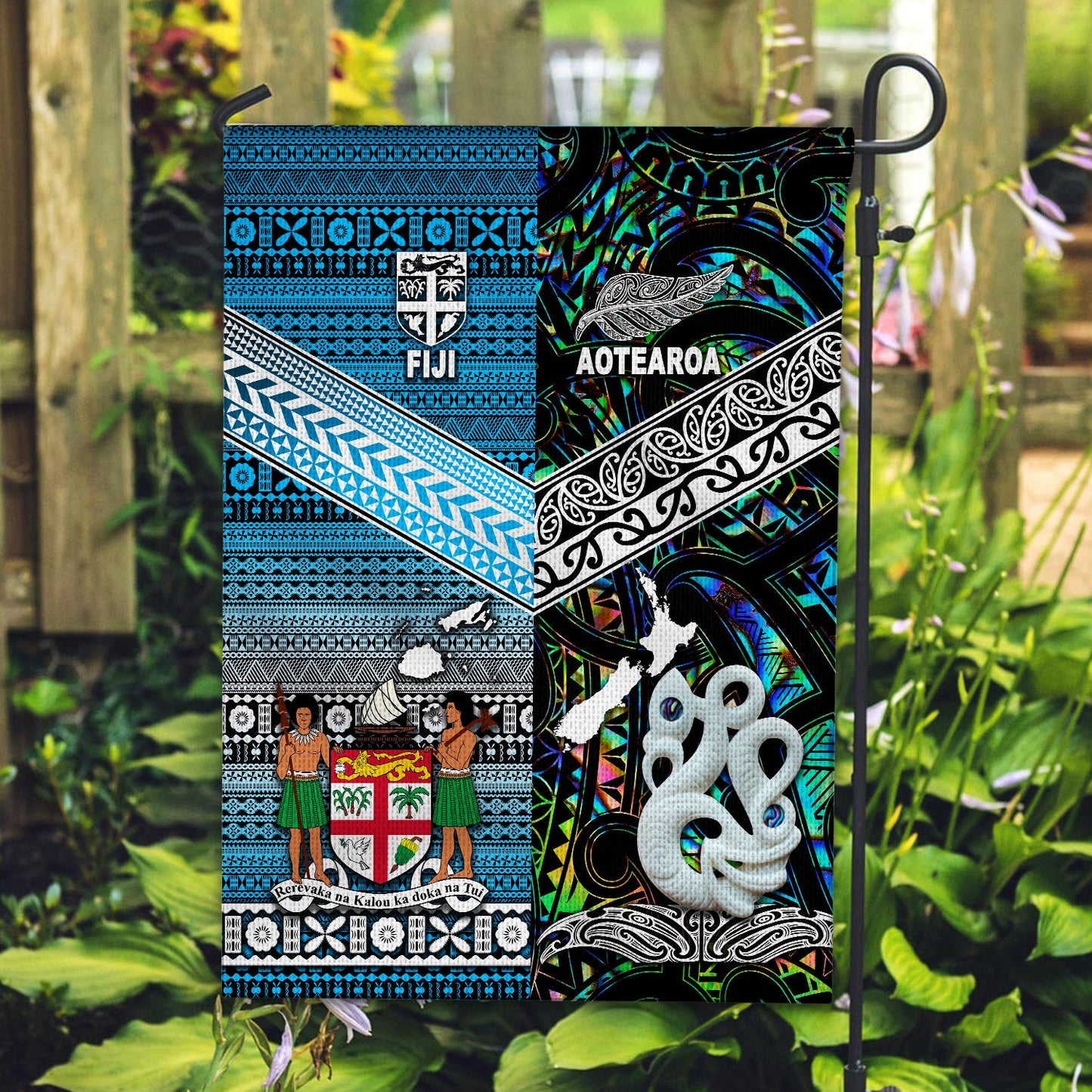 New Zealand And Fiji Flag Together Paua Shell