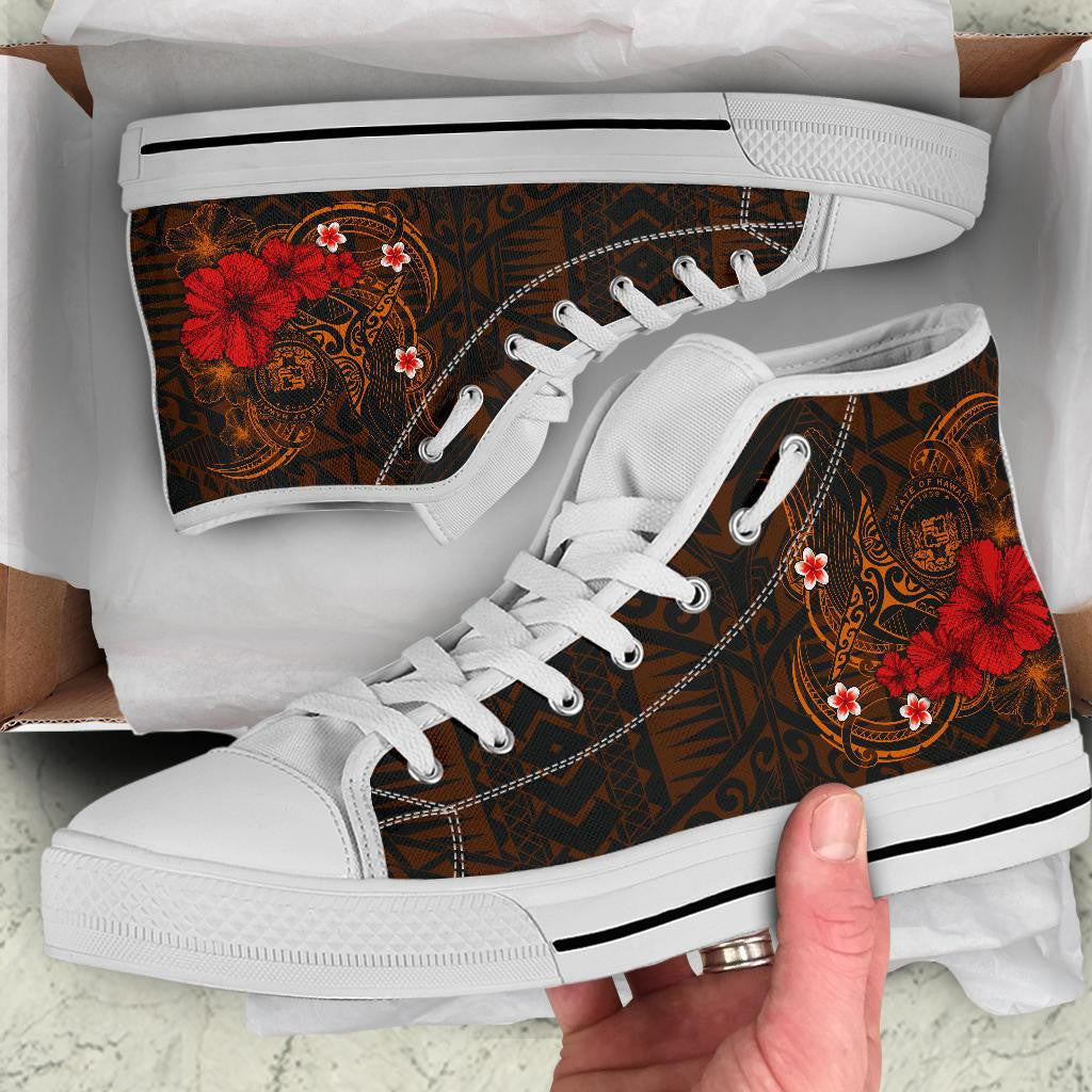 Polynesian Hawaii High Top Shoes Humpback Whale With Hibiscus Golden