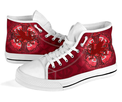 Wales Celtic High Top Shoes Dragon With Celtic Cross Red