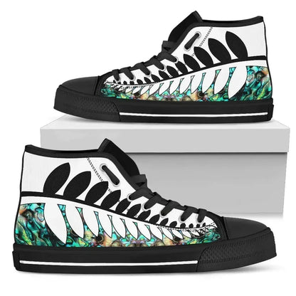 Silver Fern Black White With Paua Shell High Top Shoes