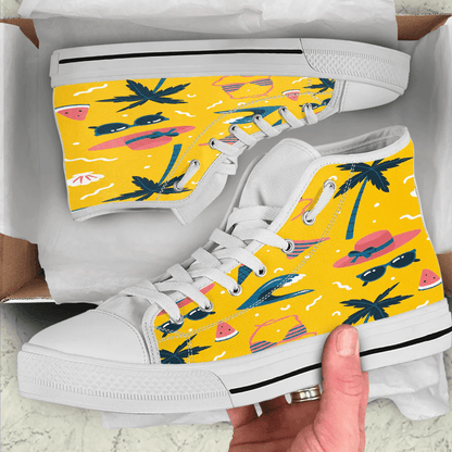 Shoes Summer Pattern Underwear,Coconut And Straw Hat Yellow Background High Top Shoes