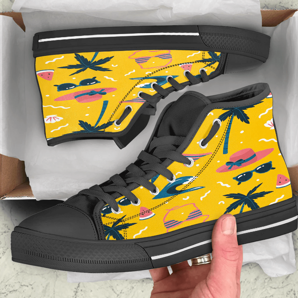 Shoes Summer Pattern Underwear,Coconut And Straw Hat Yellow Background High Top Shoes