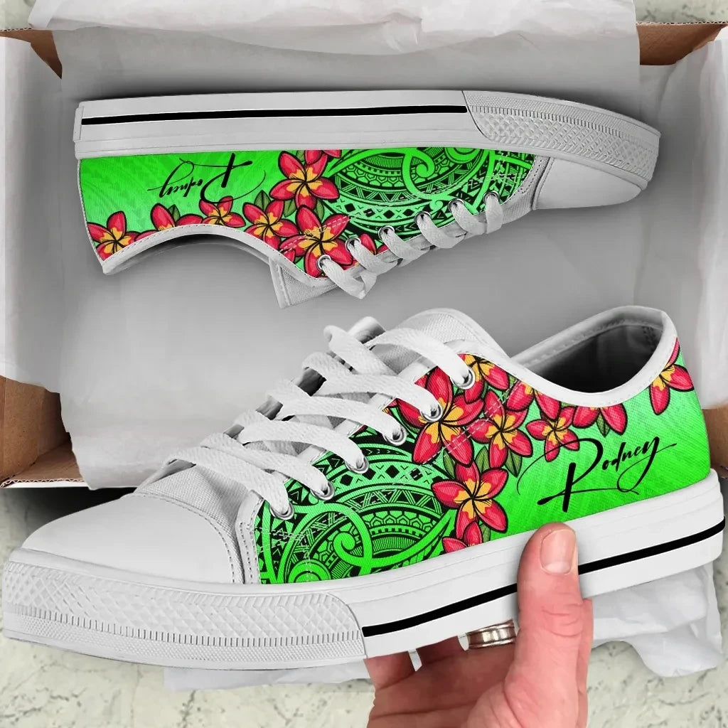 Custom Polynesian Plumeria Green Low Top Shoes Personal Signature