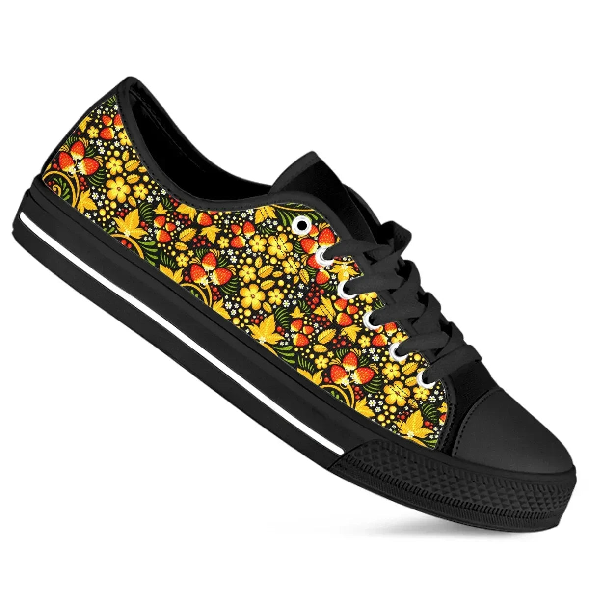 Custom Russian Khokhloma Royalty Low Top Shoes Khokhloma Strawberries Pattern